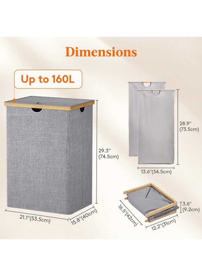 Lifewit Lifewit 160L Double Laundry Hamper with Lid, Extra Large Bamboo Laundry Basket Dirty Clothes Hamper, 2 Section Laundry Bin Organizer for Laundry Room Bedroom with 2 Removable Liners & Bags, Gray - Image 3