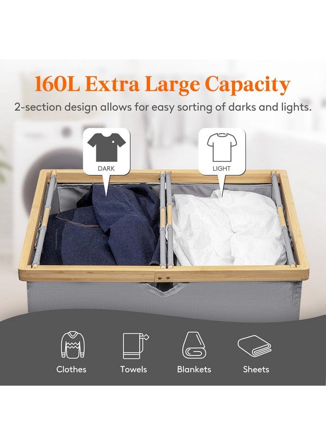 Lifewit Lifewit 160L Double Laundry Hamper with Lid, Extra Large Bamboo Laundry Basket Dirty Clothes Hamper, 2 Section Laundry Bin Organizer for Laundry Room Bedroom with 2 Removable Liners & Bags, Gray - Image 1