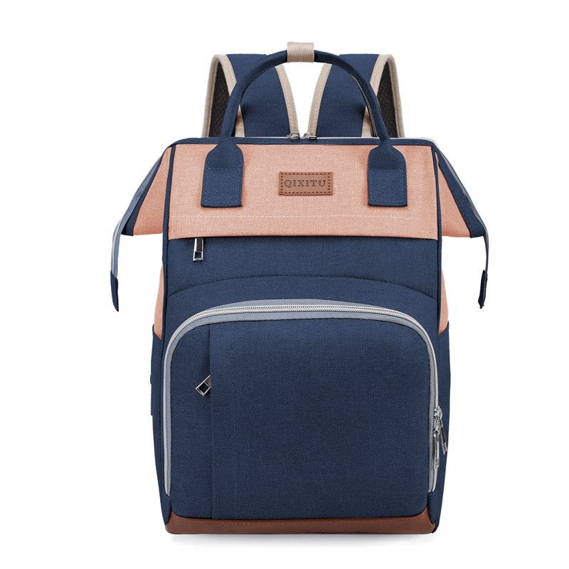 QIXITU Multifunctional Baby Diaper Bag Backpack with Spacious Storage and Modern Blue and Pink Design