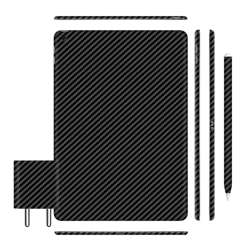 أغطية تابلت متوافقة مع آيباد الجيل التاسع 2021، ملصق فينيل مضاد للخدش، فيلم واقي، ليس غلاف/غطاء (ألياف كربونية سوداء، غلاف كامل للجسم + غلاف قلم آيباد 2 + غلاف شاحن)