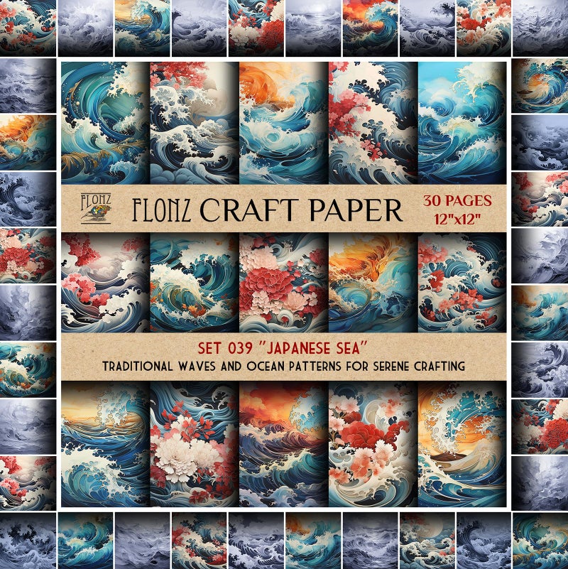 Scrapbook Paper (30 pages 12"x12") Japanese Sea: Traditional Waves and Ocean Patterns for Serene Crafting FLONZ Vintage Styled Double Sided Paper Pad for Craft Cardmaking