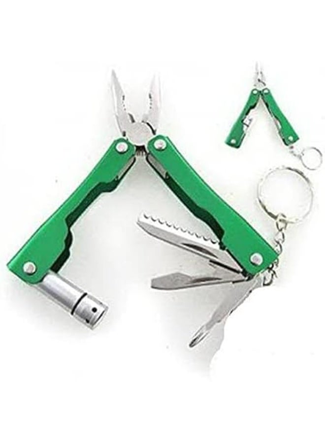 2-Piece Offer - Multi-Function Foldable Stainless Steel Tool with LED Light - Pocket-Sized for Travel & Camping - Green Color - Includes Black Leather Pouch. - Image 1