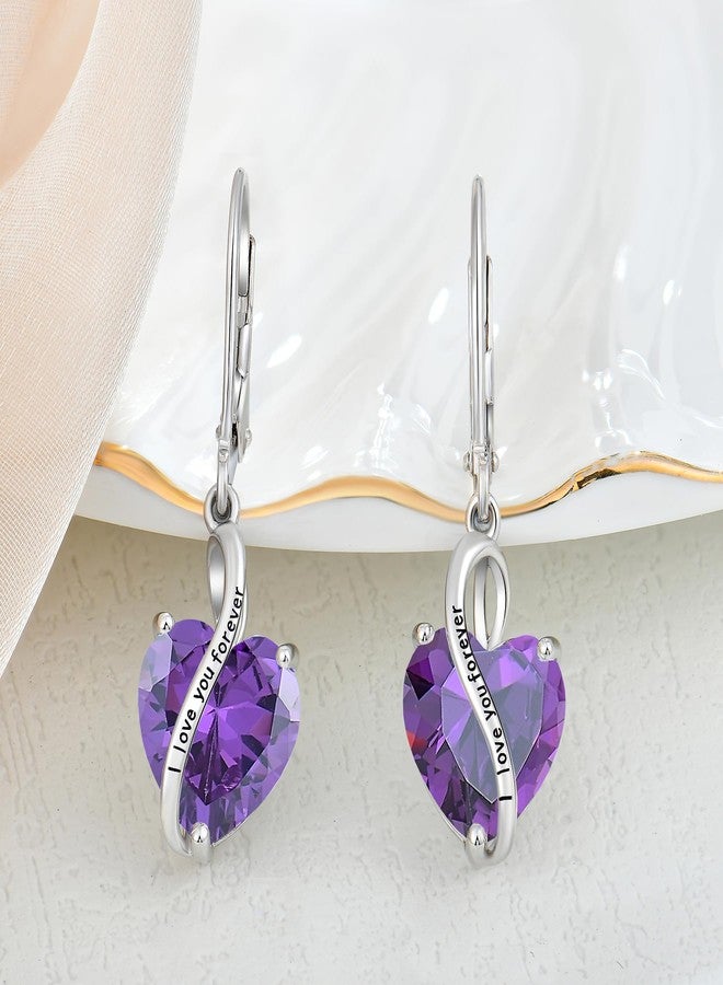 YL Women's Heart Earrings Sterling Silver I Love You Forever Dangle Drop Earrings Created Amethyst Promise Jewelry for Mother - Image 4