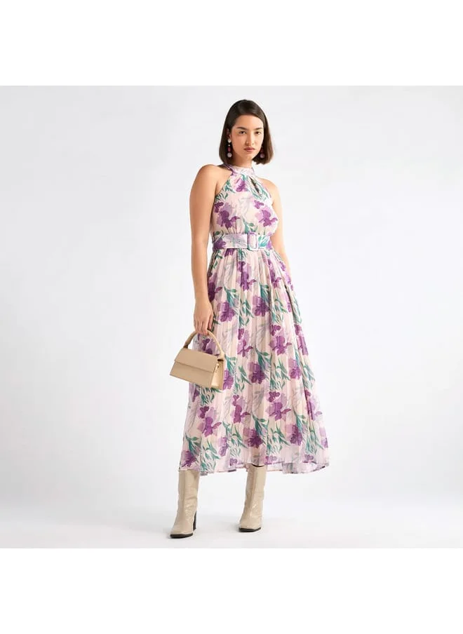 FAV Floral Print Halter Neck Dress with Belt