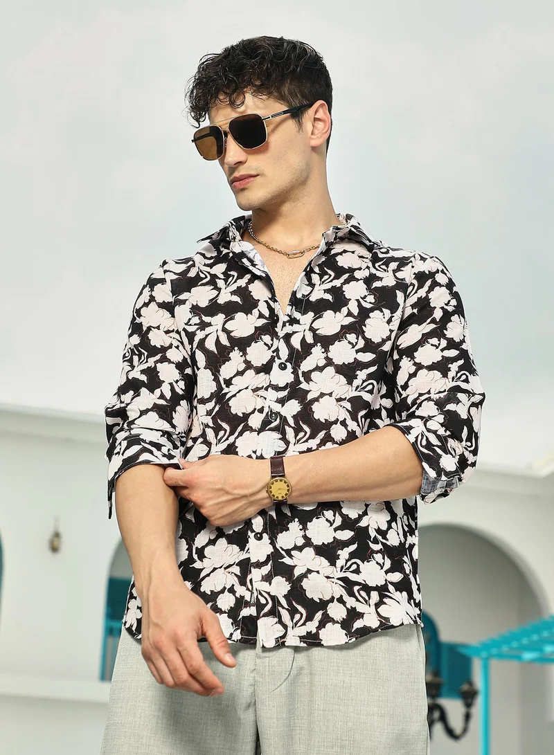 Campus Sutra Men's Midnight Black & Daisy White Everbloom Regular Shirt