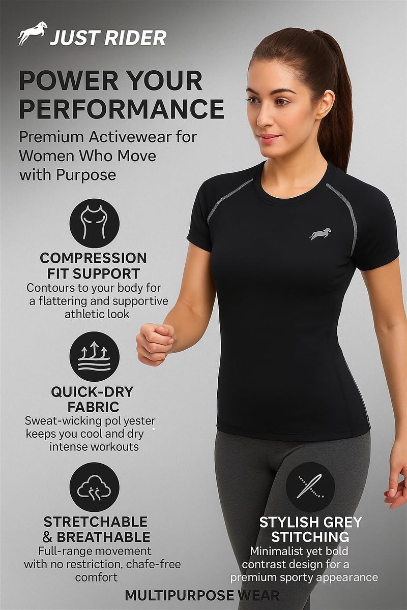JUST RIDER Women's Compression Fit Sports T-Shirt – Black Fitness Wear, Quick-Dry Activewear Top for Gym, Yoga & Running (in, Alpha, M, Regular, Red & Black) - Image 4