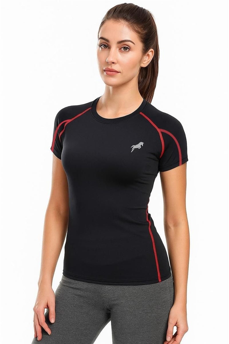 JUST RIDER Women's Compression Fit Sports T-Shirt – Black Fitness Wear, Quick-Dry Activewear Top for Gym, Yoga & Running (in, Alpha, M, Regular, Red & Black) - Image 1