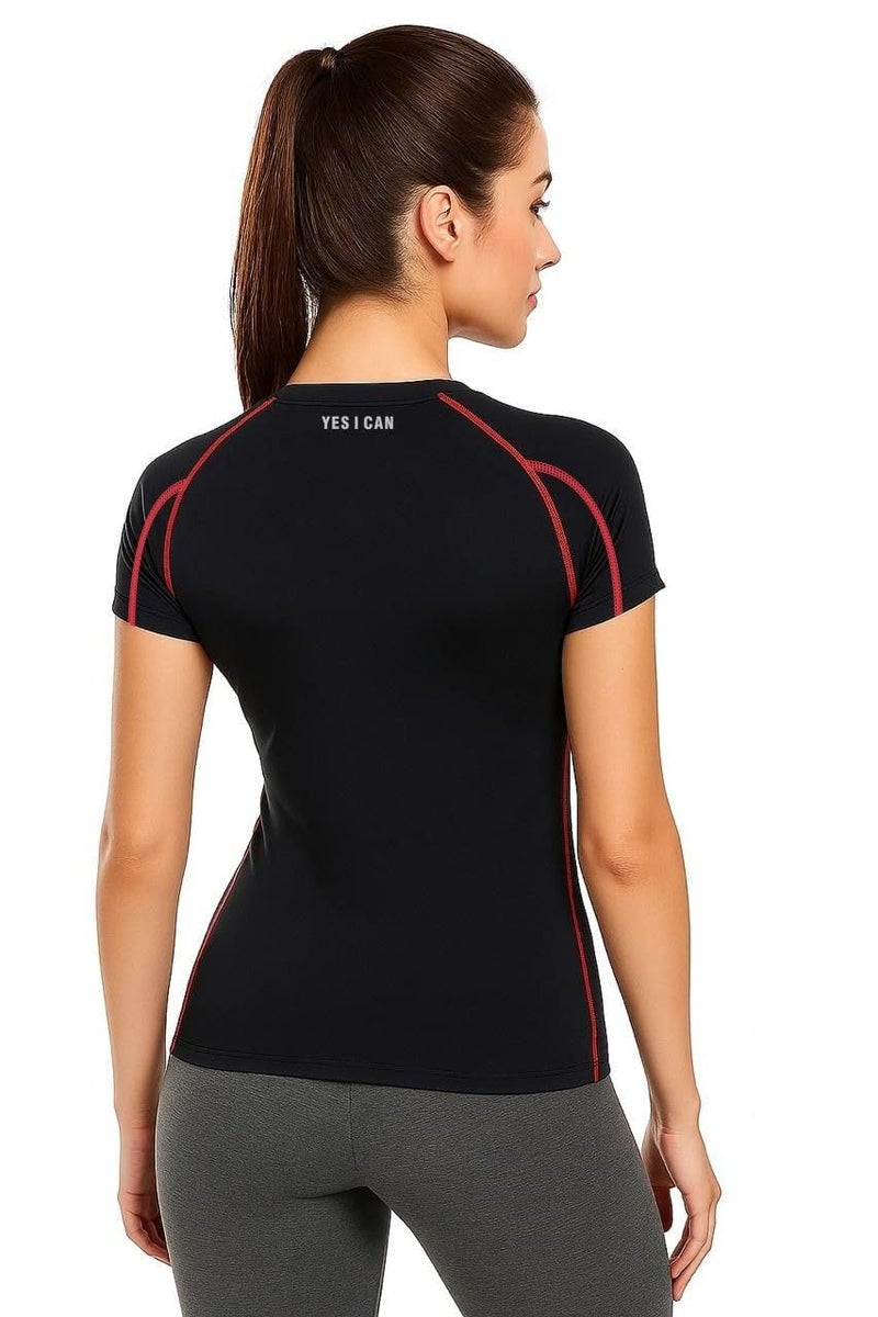 JUST RIDER Women's Compression Fit Sports T-Shirt – Black Fitness Wear, Quick-Dry Activewear Top for Gym, Yoga & Running (in, Alpha, M, Regular, Red & Black) - Image 2