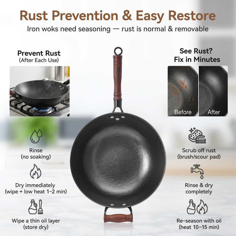 WANGYUANJI 13.4 Inch Cast Iron Wok Pan with Lid, Flat Bottom Uncoated Stir Fry Skillet, Heavy Duty Chinese Iron Pot for Family Cooking, Induction & Gas Stoves Compatible - Image 2