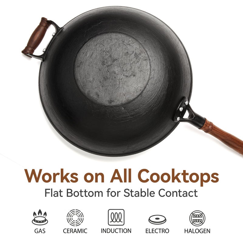 WANGYUANJI 13.4 Inch Cast Iron Wok Pan with Lid, Flat Bottom Uncoated Stir Fry Skillet, Heavy Duty Chinese Iron Pot for Family Cooking, Induction & Gas Stoves Compatible - Image 4
