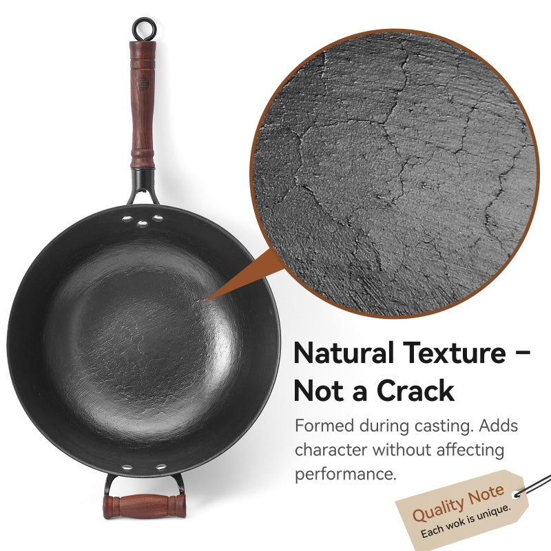 WANGYUANJI 13.4 Inch Cast Iron Wok Pan with Lid, Flat Bottom Uncoated Stir Fry Skillet, Heavy Duty Chinese Iron Pot for Family Cooking, Induction & Gas Stoves Compatible - Image 5