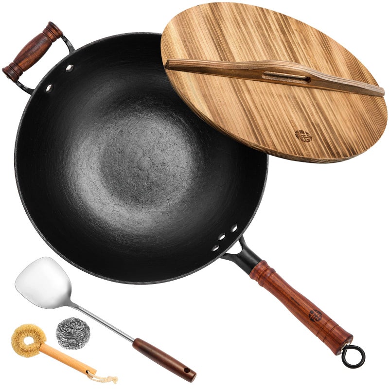 WANGYUANJI 13.4 Inch Cast Iron Wok Pan with Lid, Flat Bottom Uncoated Stir Fry Skillet, Heavy Duty Chinese Iron Pot for Family Cooking, Induction & Gas Stoves Compatible - Image 1