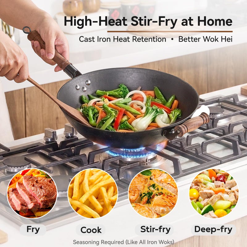 WANGYUANJI 13.4 Inch Cast Iron Wok Pan with Lid, Flat Bottom Uncoated Stir Fry Skillet, Heavy Duty Chinese Iron Pot for Family Cooking, Induction & Gas Stoves Compatible - Image 3