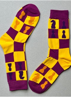 The Socks Hype 2 Pairs Chess Cotton Soft Funny Socks for Men Women | Purple Heel Toe Crew Socks with Yellow Chessboard Design | Unisex Novelty Dress Socks for Game Lovers  - Image 1