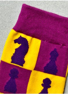 The Socks Hype 2 Pairs Chess Cotton Soft Funny Socks for Men Women | Purple Heel Toe Crew Socks with Yellow Chessboard Design | Unisex Novelty Dress Socks for Game Lovers  - Image 2