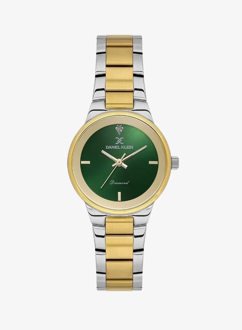DANIEL KLEIN Women's Stainless Steel Silver and Gold Steel Case Analog Dark Green Round Sunray Dial Japanese Quartz Diamond 30 Meters Water Resistant