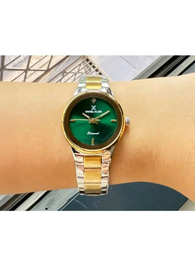 Daniel Klein Women's Stainless Steel Silver and Gold Steel Case Analog Dark Green Round Sunray Dial Japanese Quartz Diamond 30 Meters Water Resistant