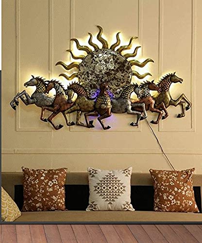 RHD SUN With 7 HORSES Metal AbstractWall SculpturesWall HangingWall Art Multicolor for Home DecorationLiving RoomOfficeCafeBedroom SMALL49x2x26 INCH