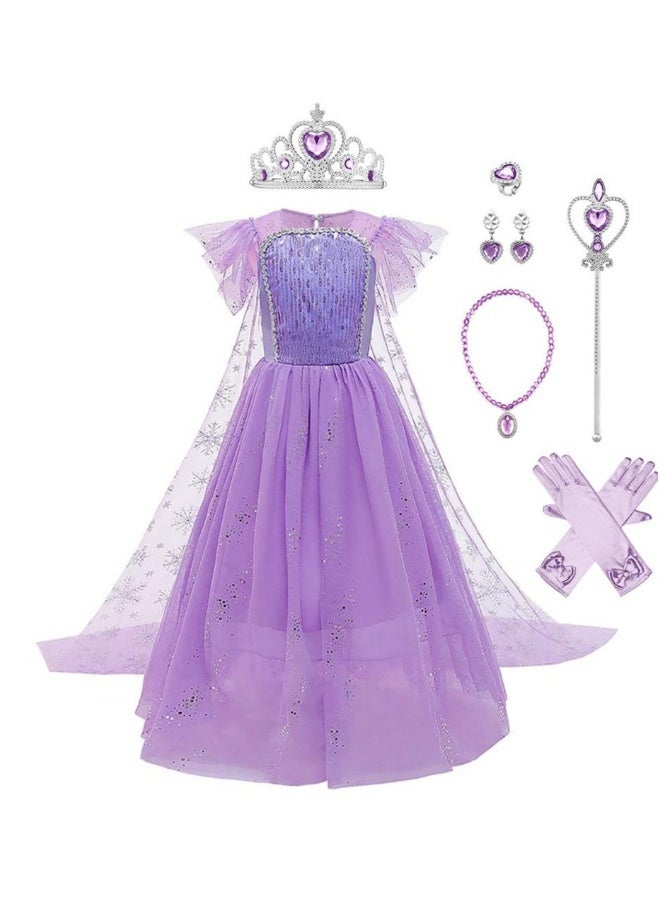Girls Snow Queen Princess Fancy Dress Up Sequin Tulle Long Dress with Accessories for Kids  Birthday Party Carnival Cosplay 7-8 Years 51.0" / 130cm (purple) - Image 1