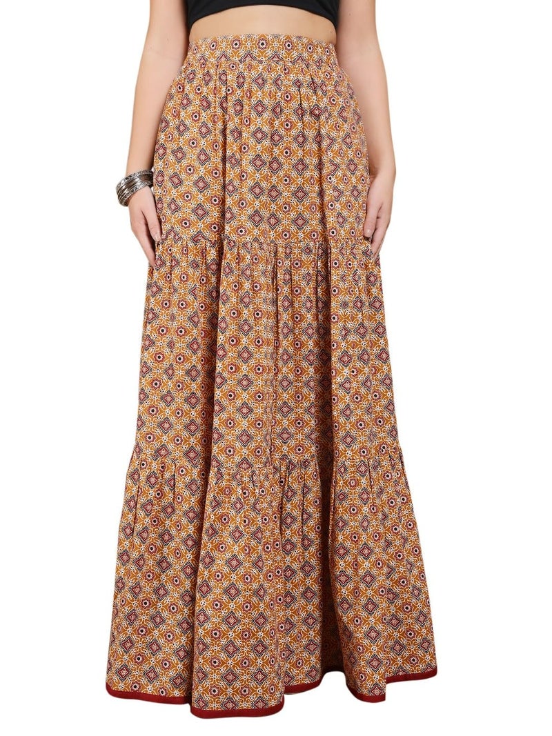 FIORRA Women's Mustard Yellow Printed Cotton Flared Skirt BTM033 - Image 1