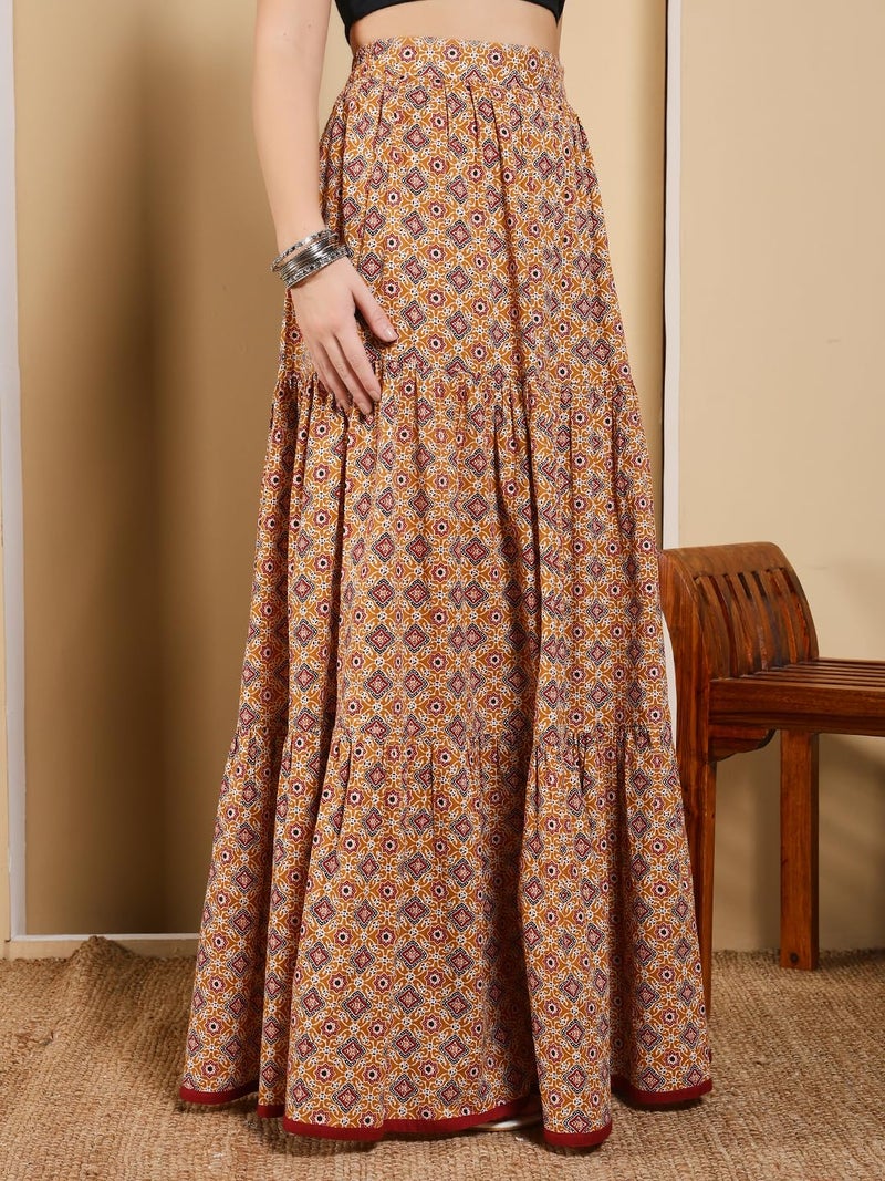 FIORRA Women's Mustard Yellow Printed Cotton Flared Skirt BTM033 - Image 3