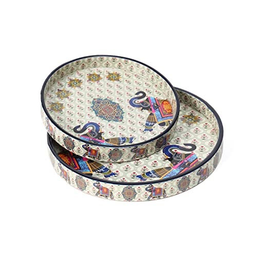 DULI Set of 2 MDF Wood Trays Enamel Coated| Round Trays Set of 2 | Serving Trays | Wooden Tray | Kitchen&Dining Decorative | Resin Tray | Handmade | 7x7 & 9x9 inches (Setof2RoundSmall: 2Elephant) - Image 1
