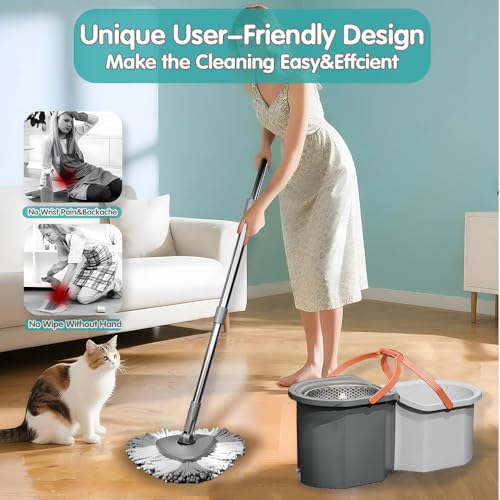 EXVITO 360 Degree Rotation Mop Set with Bucket, Floor Mop Complete Set with Adjustable Stainless Steel Handle & Foot Pedal, Foldable Cleaning Bucket with Wring Function - Simple - Image 4