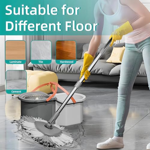 EXVITO 360 Degree Rotation Mop Set with Bucket, Floor Mop Complete Set with Adjustable Stainless Steel Handle & Foot Pedal, Foldable Cleaning Bucket with Wring Function - Simple - Image 5