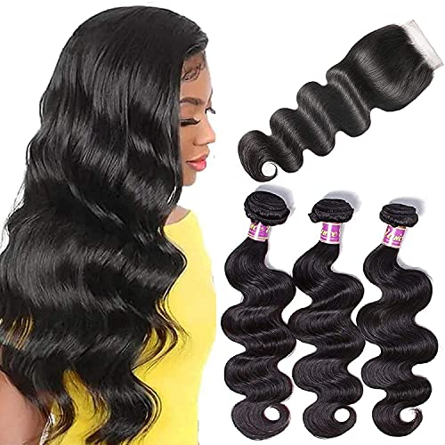 Unice Hair Brazilian Body Wave 3 Bundles with Free Part Lace Closure Unprocessed Virgin Human Hair Weave Extensions (20 22 24+18) - Image 5
