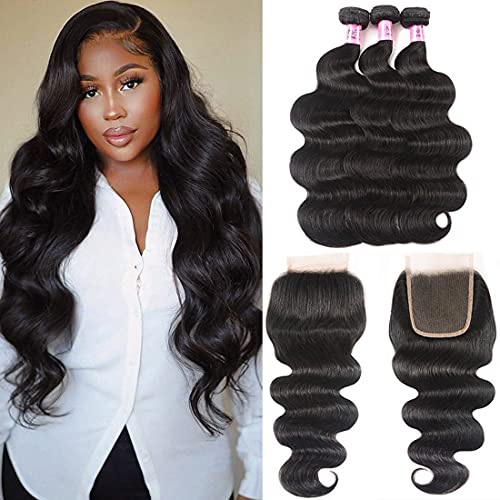 Unice Hair Brazilian Body Wave 3 Bundles with Free Part Lace Closure Unprocessed Virgin Human Hair Weave Extensions (20 22 24+18) - Image 3