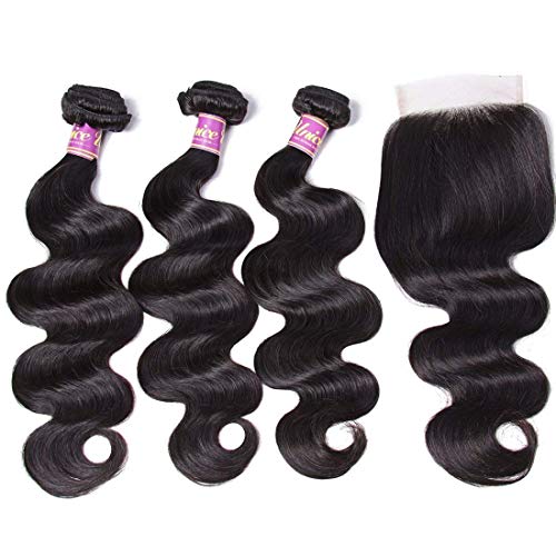 Unice Hair Brazilian Body Wave 3 Bundles with Free Part Lace Closure Unprocessed Virgin Human Hair Weave Extensions (20 22 24+18) - Image 1