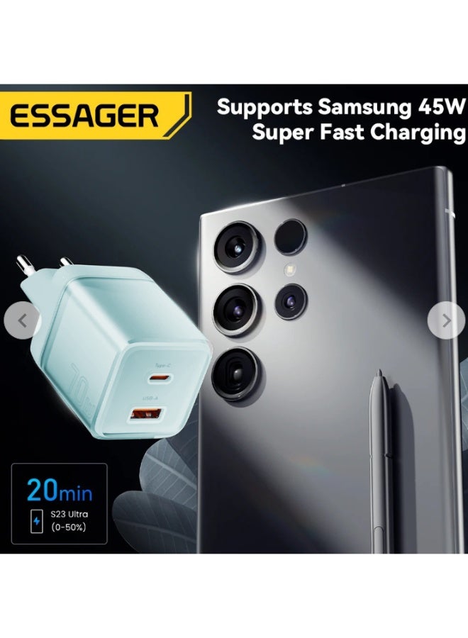 ESSAGER ES-CD42 70W GaN Fast Wall Charger with USB-C PD and USB-A Dual Ports, QC4.0 PD3.0 PPS Fast Charging Adapter, Compact EU Plug Power Charger for iPhone 15 14 13, Samsung Galaxy, Huawei, Xiaomi, Tablets, Laptops and USB Devices - Image 5