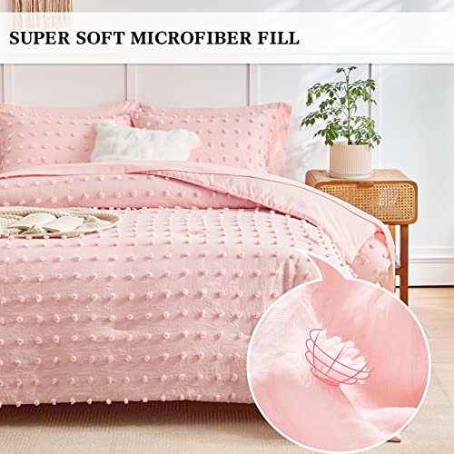 Flysheep 6 Pieces Tufted Dots Bed in a Bag Twin Comforter Set Girls Pink , Soft and Embroidery Shabby Chic Boho Bohemian Comforters, Luxury Solid Color with Pom Pom Design, Jacquard Tufts Bedding Set for Kids - Image 3