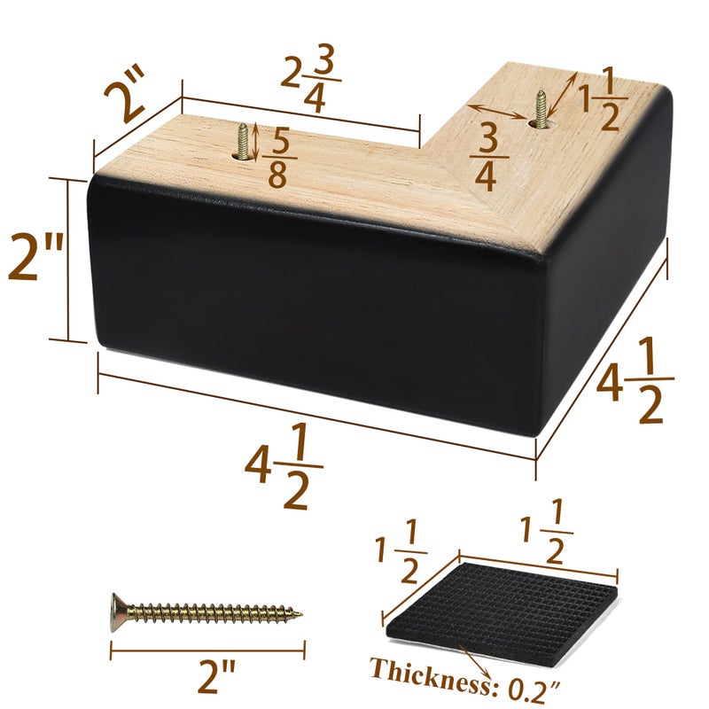 AORYVIC Solid Wood Legs for Furniture, L-Shaped Bed Risers, Furniture Legs for Sofa Couch Dresser Cabinet Table, Couch Sofa Feet, Furniture Risers, Bed Lifters 4 Pack (Black, 2 inch) - Image 2