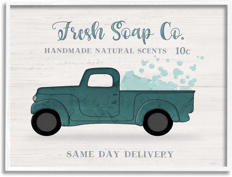 Stupell Industries Fresh Soap Co Vintage Green Truck Bath Bubbles Designed by Natalie Carpentieri White Framed Wall Art 20 x 16 - Image 1