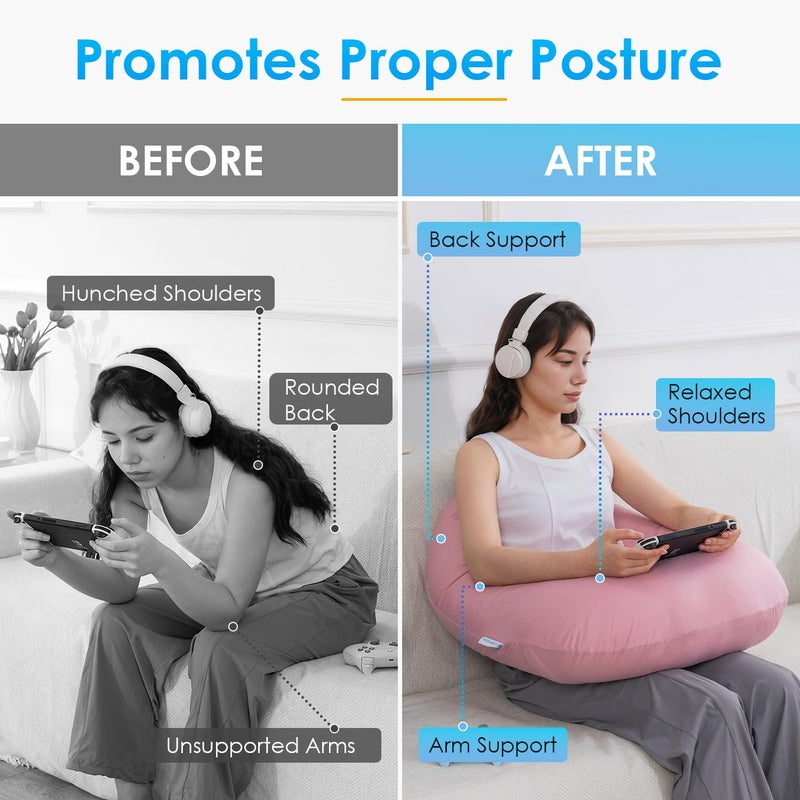 QUEEN ROSE Reading Pillow for Gaming, Lap Desk Pillow for Sitting in Bed or Sofa, Compact Arm Support Pillow for Reading, Playing or Crocheting, Cooling Pink - Image 2