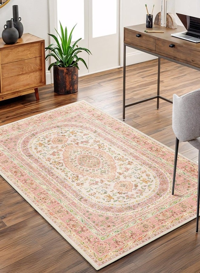 Castage Pink Rug 3x5,Boho Washable Area Rugs for Bedroom Living Room Kitchen Entryway,Small Vintage Distressed Farmhouse Non Slip Carpet,Blush Floral - Image 4