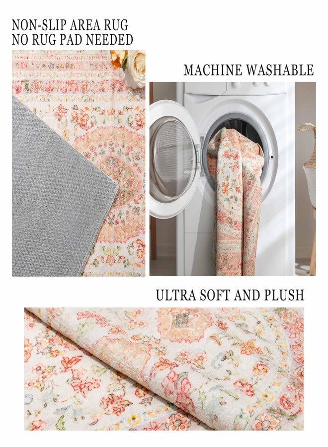 Castage Pink Rug 3x5,Boho Washable Area Rugs for Bedroom Living Room Kitchen Entryway,Small Vintage Distressed Farmhouse Non Slip Carpet,Blush Floral - Image 5