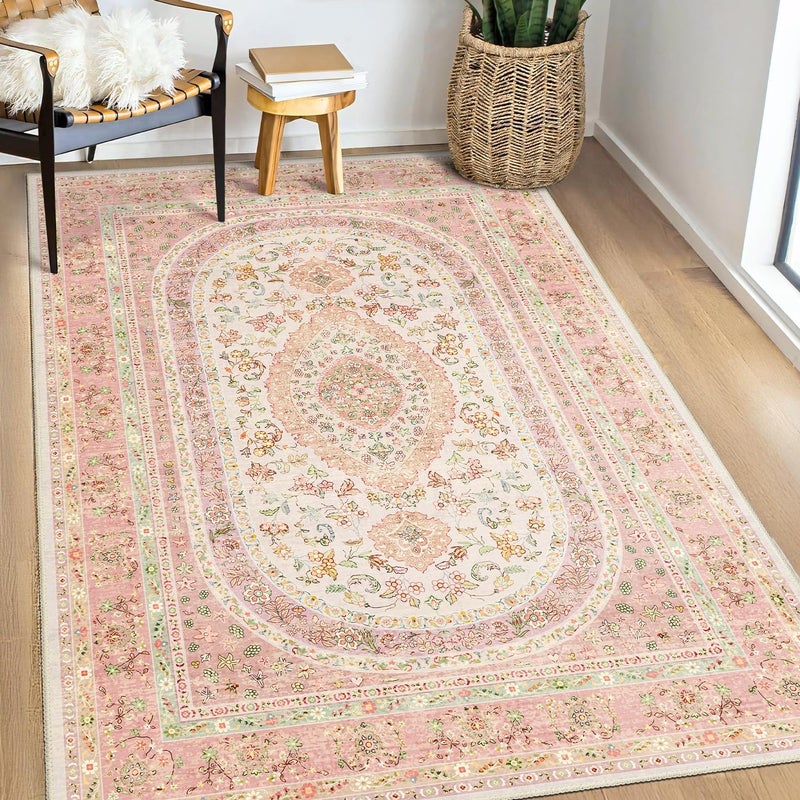 Castage Pink Rug 3x5,Boho Washable Area Rugs for Bedroom Living Room Kitchen Entryway,Small Vintage Distressed Farmhouse Non Slip Carpet,Blush Floral - Image 1