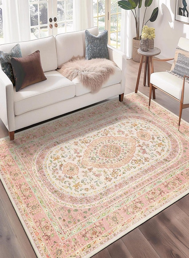 Castage Pink Rug 3x5,Boho Washable Area Rugs for Bedroom Living Room Kitchen Entryway,Small Vintage Distressed Farmhouse Non Slip Carpet,Blush Floral - Image 2