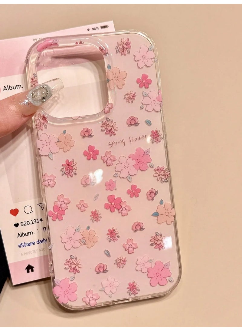 شي إن غطاء هاتف باللون الوردي مزخرف بأزهار ربيعية لطيفة  غطاء خلفي ناعم مقاوم للصدمات ومقاوم للماء ومقاوم للخدش متوافق مع ايفون 14 بروماكس - Image 2