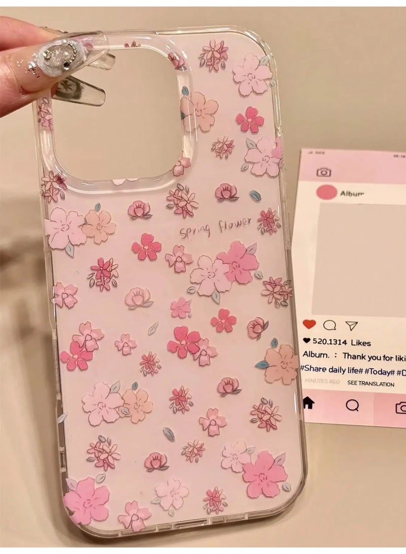 شي إن غطاء هاتف باللون الوردي مزخرف بأزهار ربيعية لطيفة  غطاء خلفي ناعم مقاوم للصدمات ومقاوم للماء ومقاوم للخدش متوافق مع ايفون 14 بروماكس - Image 1