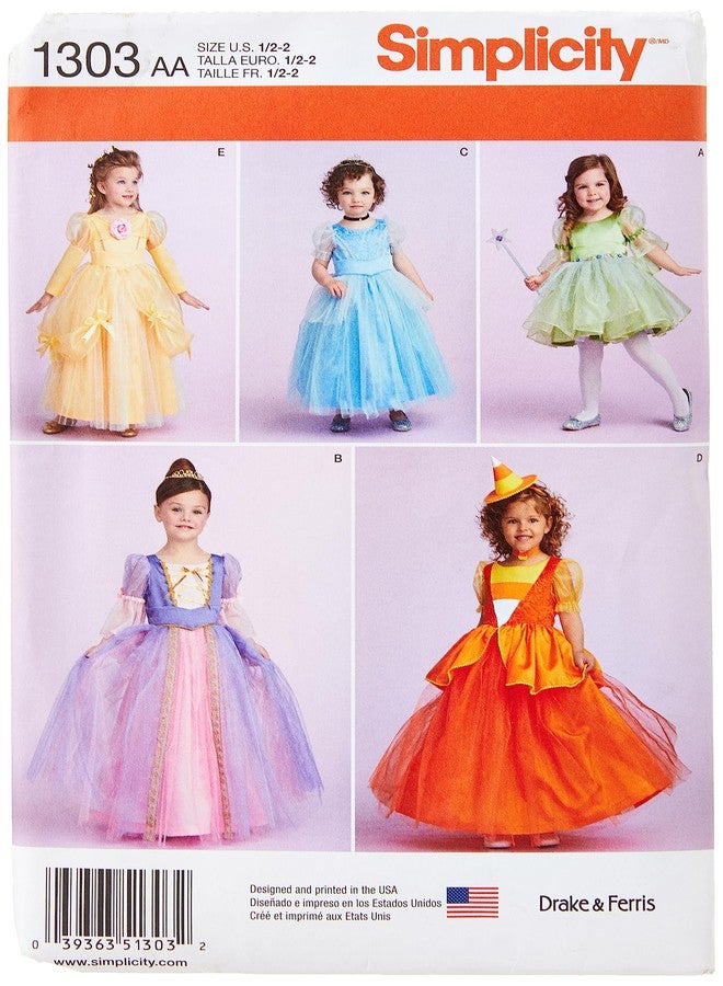 Simplicity CSS Industries, Inc. Simplicity 1303 Girl's Halloween Costume Princess Dress Sewing Pattern, Sizes 1/2-2, Blue, Yellow, Green, Purple, Orange - Image 1