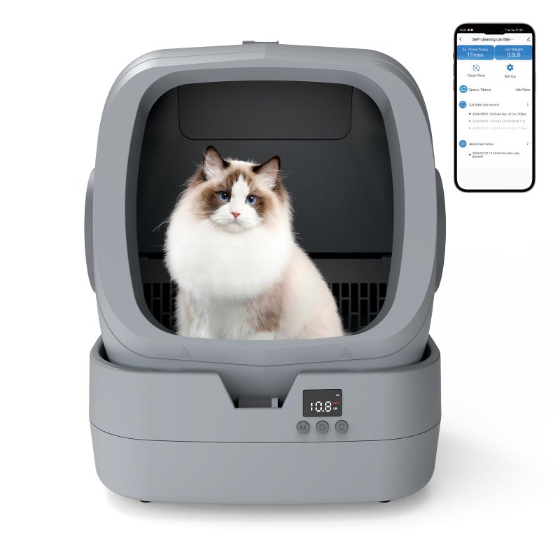 UPFAS Automatic Cat Litter Box Self Cleaning - APP Control - Weight Monitoring - Ultra-Quiet, Medium Cats and Kittens Litter Box, Safe Anti-Pinchã€Assembly Requiredã€‘- Grey - Image 1