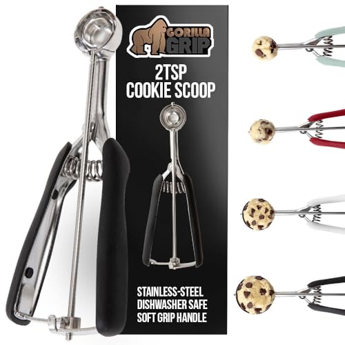 GORILLA GRIP Stainless Steel Cookie Scoop for Baking, 2 TSP, Multipurpose Melon Baller, Meatball Spring Scoops, Perfect Portion Sizes, Easy Food Release, Scooper Size 100, BPA-Free Kitchen Tool, Black - Image 1
