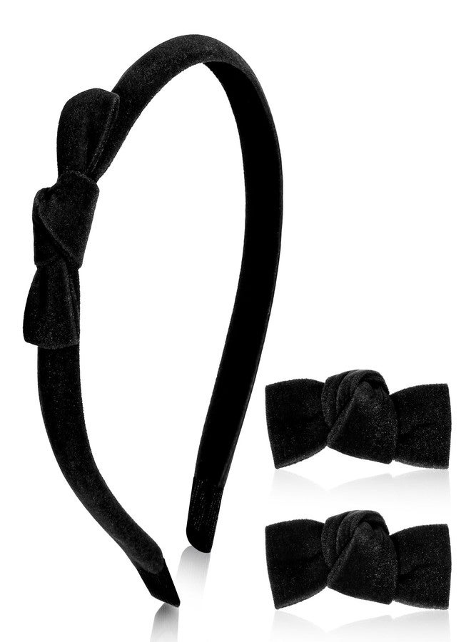 MBAIYO 3 Pcs Velvet Bow Headband Hair Clips Set for Girls, Cute Black Bow Headband Mini Head Band Small Bowknot Hairpins Set Aesthetic Hair Styling Clip Elegant Accessories for Women(Black) - Image 1