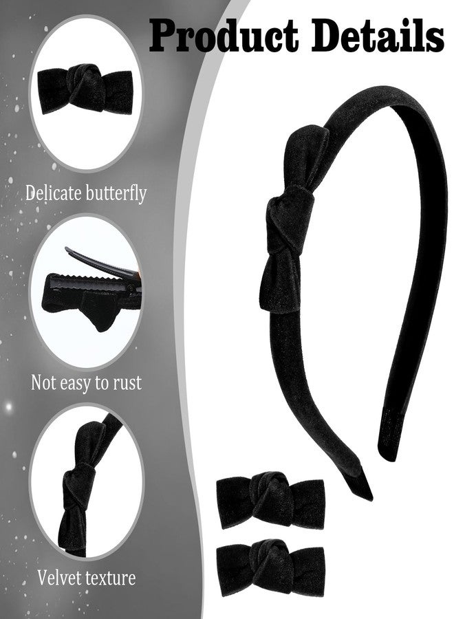 MBAIYO 3 Pcs Velvet Bow Headband Hair Clips Set for Girls, Cute Black Bow Headband Mini Head Band Small Bowknot Hairpins Set Aesthetic Hair Styling Clip Elegant Accessories for Women(Black) - Image 3