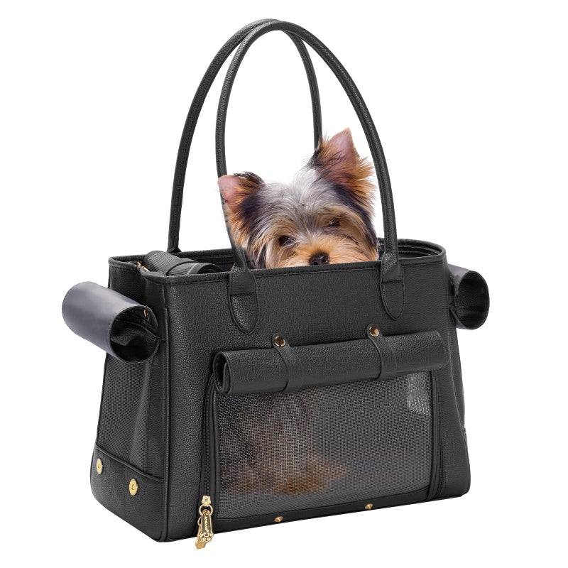 Minsong Fashion Pet Carrier Purse for Small Cat and Dog, Luxury Pu Soft-Sided Tote Bag with Large Pockets for Dogs and Puppies (Black, 15.8" L x 7.5" W x 11.8" H) - Image 1