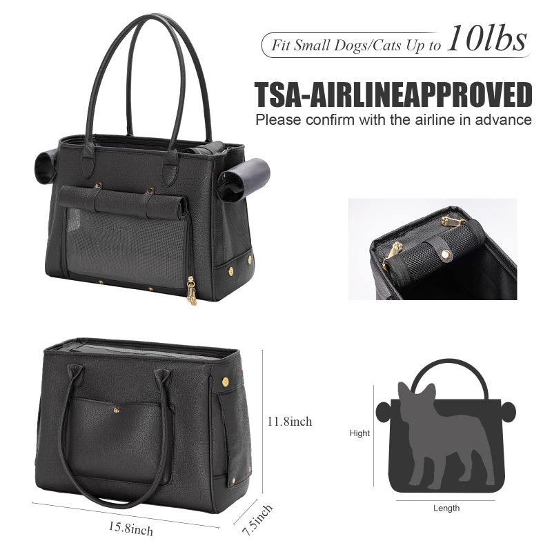 Minsong Fashion Pet Carrier Purse for Small Cat and Dog, Luxury Pu Soft-Sided Tote Bag with Large Pockets for Dogs and Puppies (Black, 15.8" L x 7.5" W x 11.8" H) - Image 2