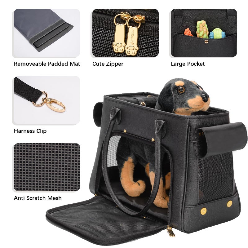 Minsong Fashion Pet Carrier Purse for Small Cat and Dog, Luxury Pu Soft-Sided Tote Bag with Large Pockets for Dogs and Puppies (Black, 15.8" L x 7.5" W x 11.8" H) - Image 4